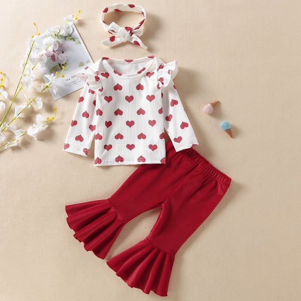 Infant Children's Valentine's Day White Love Top  Flared Trousers Two-Piece Set