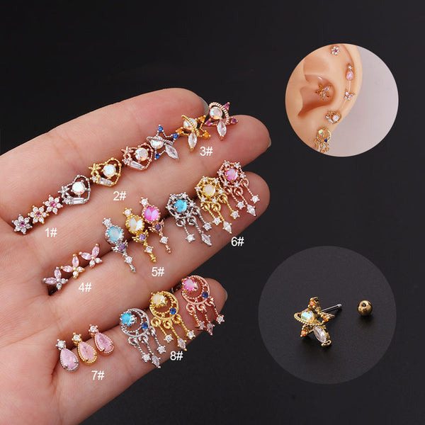 Stainless Steel Inlaid Colorful Zircon Screw Ball Fine Pin Earrings